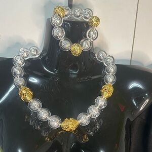 Elegant Silver and Gold Beaded Necklace and Earring Set